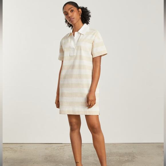 Everlane The Organic Cotton White & Cream Stripe Polo Mini‎ Dress Sz S NEW - Picture 1 of 9